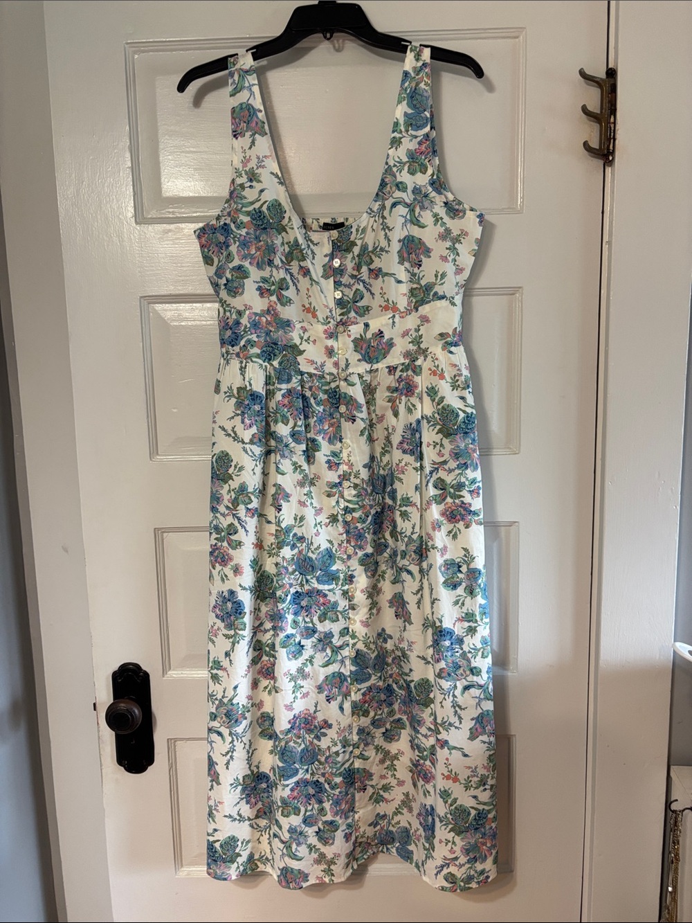J. Crew White Midi Dress with Blue and Green Floral Print